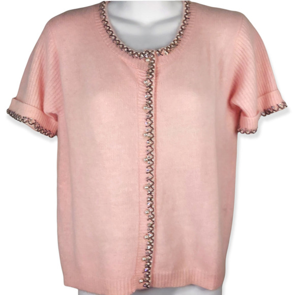 Vintage Fuzzy 50s Pink Beaded Lambswool Angora Sweater Size Large - Picture 1 of 8